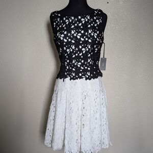 Vera Wang Black and White Fit and Flare Lace Crochet Dress Size 8